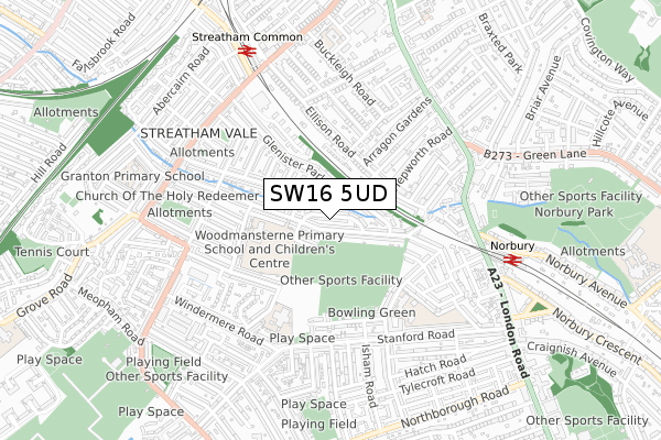 SW16 5UD map - small scale - OS Open Zoomstack (Ordnance Survey)