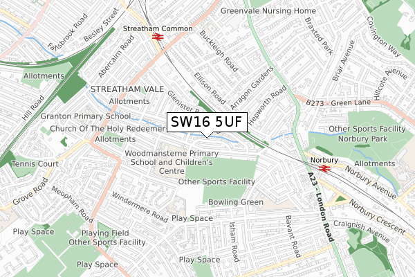 SW16 5UF map - small scale - OS Open Zoomstack (Ordnance Survey)