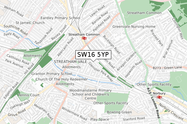 SW16 5YP map - small scale - OS Open Zoomstack (Ordnance Survey)