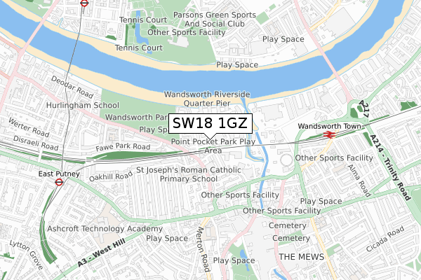 SW18 1GZ map - small scale - OS Open Zoomstack (Ordnance Survey)