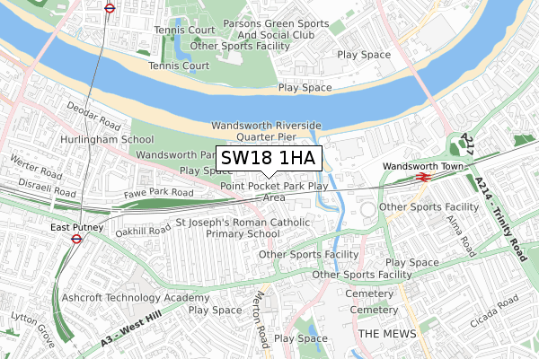 SW18 1HA map - small scale - OS Open Zoomstack (Ordnance Survey)