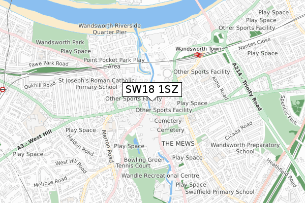 SW18 1SZ map - small scale - OS Open Zoomstack (Ordnance Survey)