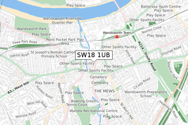 SW18 1UB map - small scale - OS Open Zoomstack (Ordnance Survey)