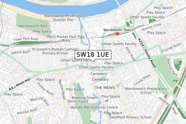 SW18 1UE map - small scale - OS Open Zoomstack (Ordnance Survey)