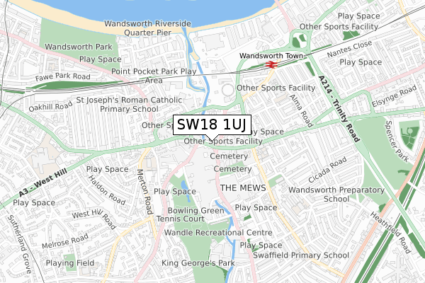 SW18 1UJ map - small scale - OS Open Zoomstack (Ordnance Survey)