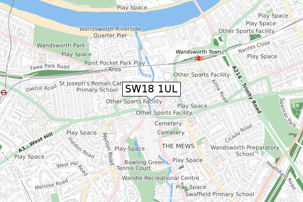 SW18 1UL map - small scale - OS Open Zoomstack (Ordnance Survey)