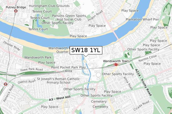 SW18 1YL map - small scale - OS Open Zoomstack (Ordnance Survey)