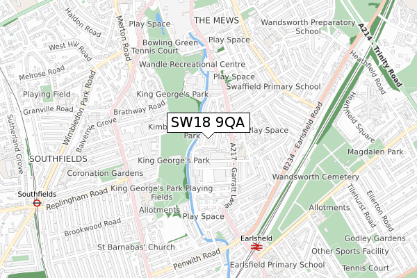 SW18 9QA map - small scale - OS Open Zoomstack (Ordnance Survey)