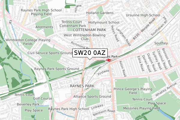 SW20 0AZ map - small scale - OS Open Zoomstack (Ordnance Survey)