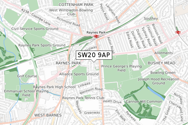 SW20 9AP map - small scale - OS Open Zoomstack (Ordnance Survey)