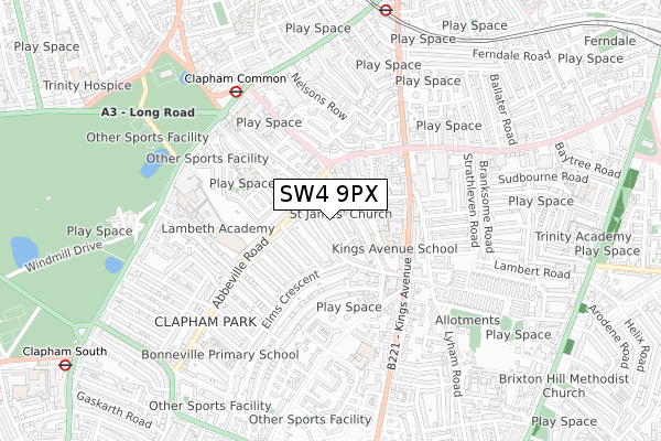 SW4 9PX map - small scale - OS Open Zoomstack (Ordnance Survey)