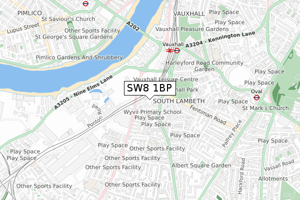 SW8 1BP map - small scale - OS Open Zoomstack (Ordnance Survey)