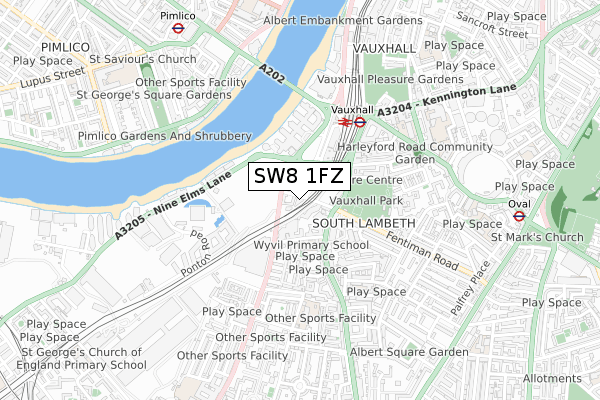 SW8 1FZ map - small scale - OS Open Zoomstack (Ordnance Survey)