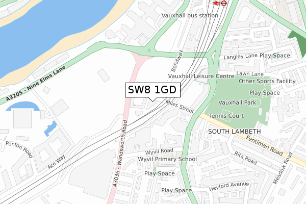 SW8 1GD map - large scale - OS Open Zoomstack (Ordnance Survey)