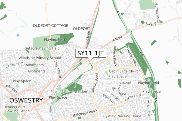 SY11 1JT map - small scale - OS Open Zoomstack (Ordnance Survey)