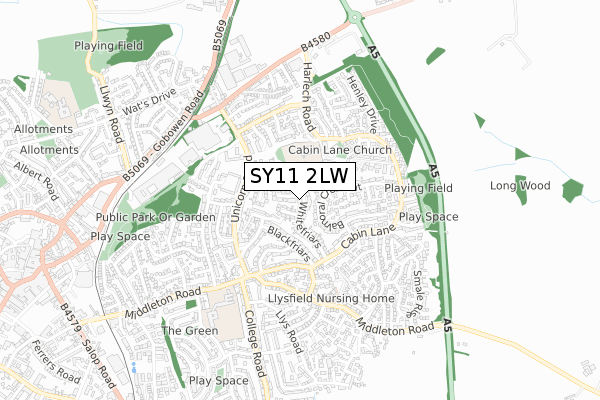 SY11 2LW map - small scale - OS Open Zoomstack (Ordnance Survey)