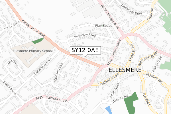 SY12 0AE map - large scale - OS Open Zoomstack (Ordnance Survey)