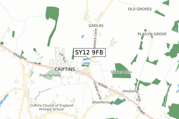 SY12 9FB map - small scale - OS Open Zoomstack (Ordnance Survey)