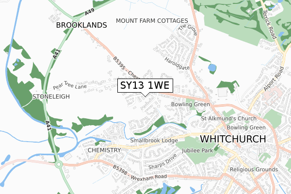 SY13 1WE map - small scale - OS Open Zoomstack (Ordnance Survey)