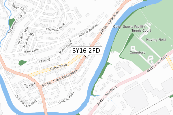 SY16 2FD map - large scale - OS Open Zoomstack (Ordnance Survey)