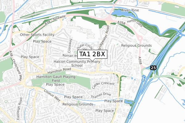 TA1 2BX map - small scale - OS Open Zoomstack (Ordnance Survey)