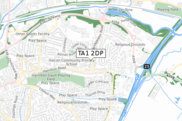 TA1 2DP map - small scale - OS Open Zoomstack (Ordnance Survey)