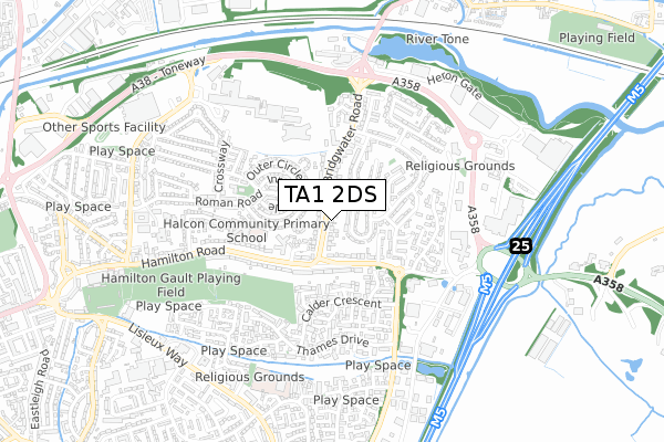 TA1 2DS map - small scale - OS Open Zoomstack (Ordnance Survey)