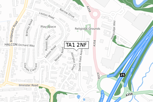 TA1 2NF map - large scale - OS Open Zoomstack (Ordnance Survey)