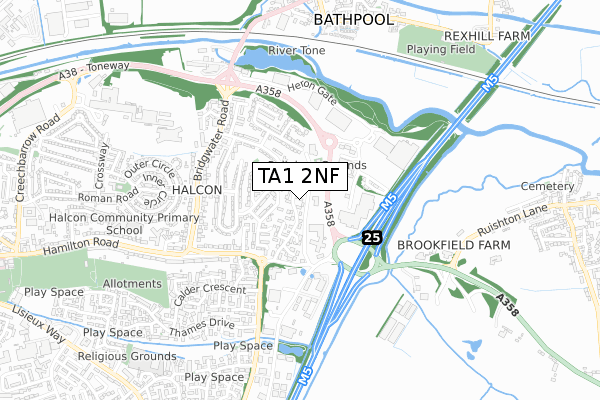 TA1 2NF map - small scale - OS Open Zoomstack (Ordnance Survey)