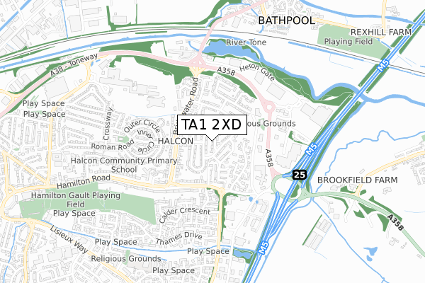 TA1 2XD map - small scale - OS Open Zoomstack (Ordnance Survey)