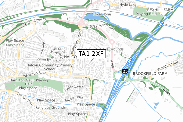 TA1 2XF map - small scale - OS Open Zoomstack (Ordnance Survey)