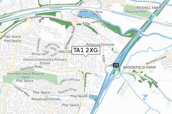 TA1 2XG map - small scale - OS Open Zoomstack (Ordnance Survey)