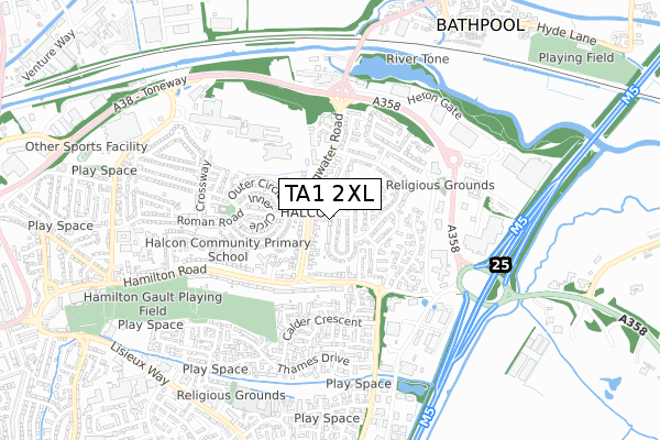 TA1 2XL map - small scale - OS Open Zoomstack (Ordnance Survey)