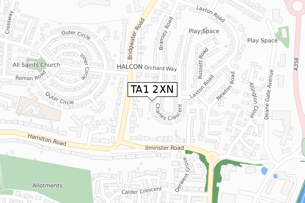 TA1 2XN map - large scale - OS Open Zoomstack (Ordnance Survey)