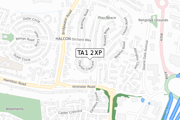 TA1 2XP map - large scale - OS Open Zoomstack (Ordnance Survey)