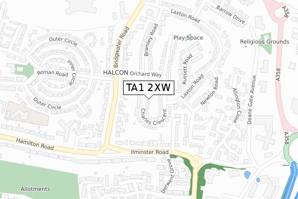 TA1 2XW map - large scale - OS Open Zoomstack (Ordnance Survey)