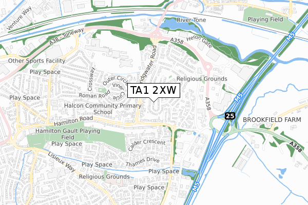 TA1 2XW map - small scale - OS Open Zoomstack (Ordnance Survey)