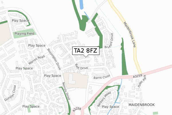 TA2 8FZ map - large scale - OS Open Zoomstack (Ordnance Survey)