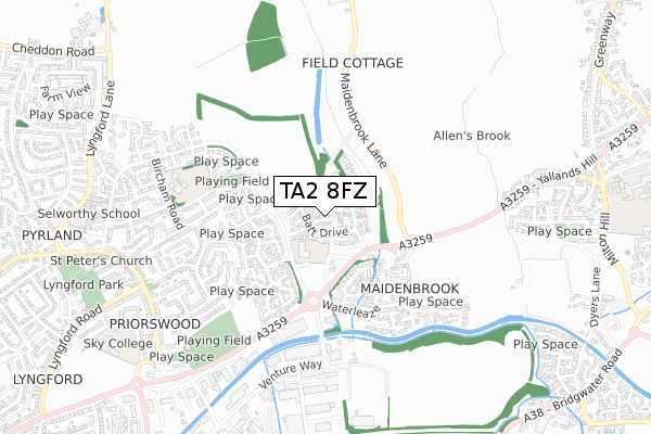 TA2 8FZ map - small scale - OS Open Zoomstack (Ordnance Survey)