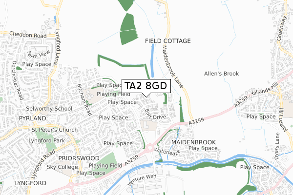 TA2 8GD map - small scale - OS Open Zoomstack (Ordnance Survey)