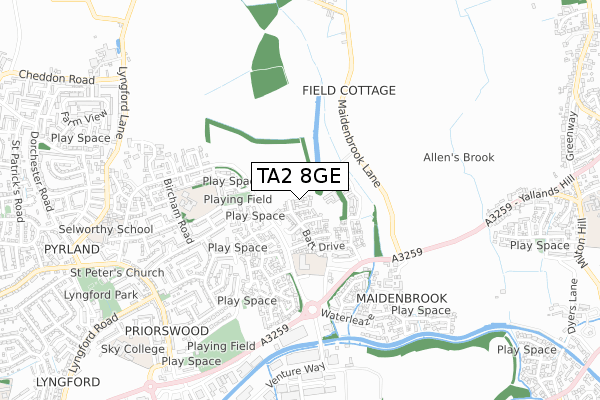 TA2 8GE map - small scale - OS Open Zoomstack (Ordnance Survey)