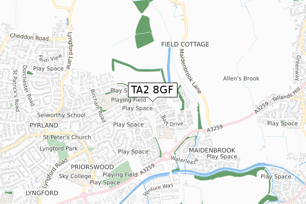 TA2 8GF map - small scale - OS Open Zoomstack (Ordnance Survey)