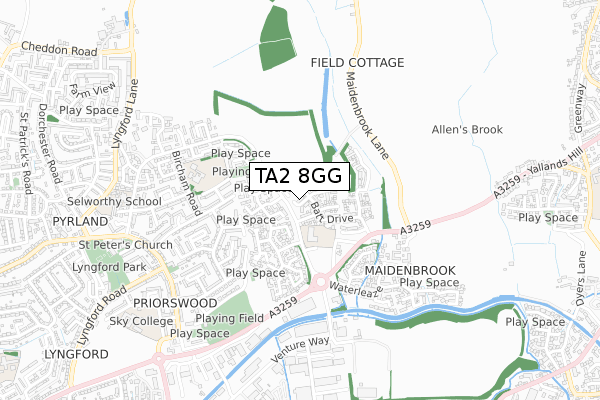 TA2 8GG map - small scale - OS Open Zoomstack (Ordnance Survey)