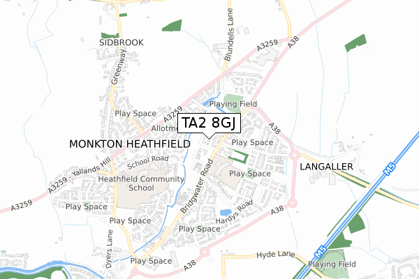 TA2 8GJ map - small scale - OS Open Zoomstack (Ordnance Survey)