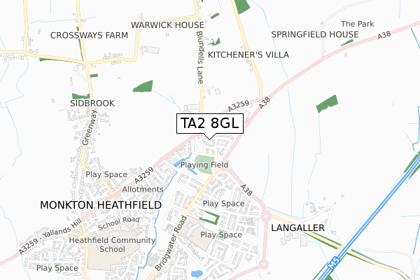 TA2 8GL map - small scale - OS Open Zoomstack (Ordnance Survey)