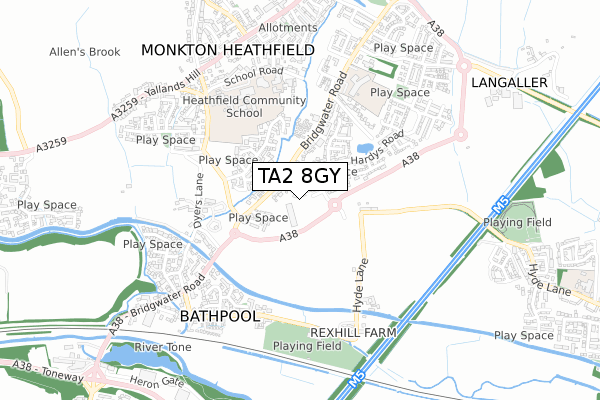 TA2 8GY map - small scale - OS Open Zoomstack (Ordnance Survey)