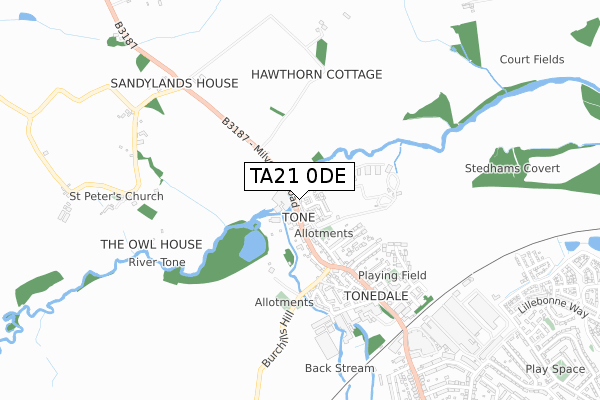 TA21 0DE map - small scale - OS Open Zoomstack (Ordnance Survey)