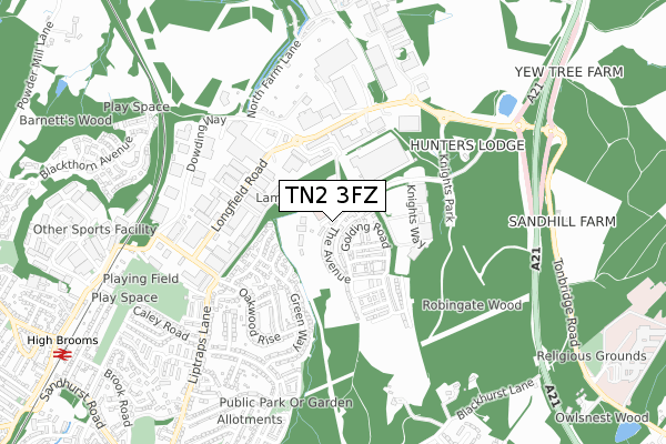 TN2 3FZ map - small scale - OS Open Zoomstack (Ordnance Survey)