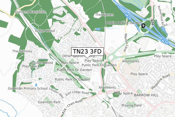 TN23 3FD map - small scale - OS Open Zoomstack (Ordnance Survey)