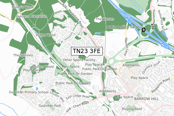 TN23 3FE map - small scale - OS Open Zoomstack (Ordnance Survey)